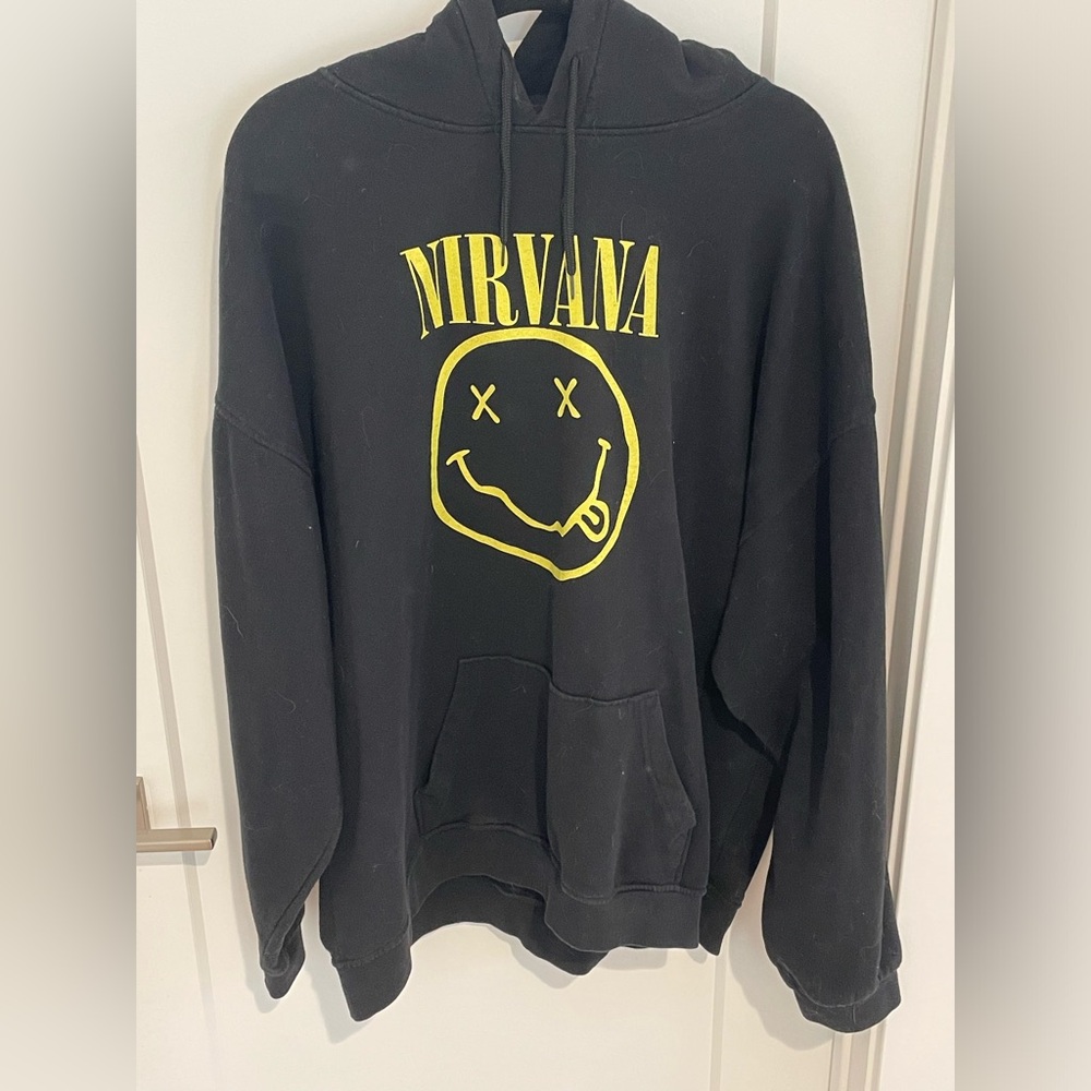 Nirvana Smiley Face Mens Sz L Grunge Kurt Cobain Black Hoodie Sweatshirt UK Made
